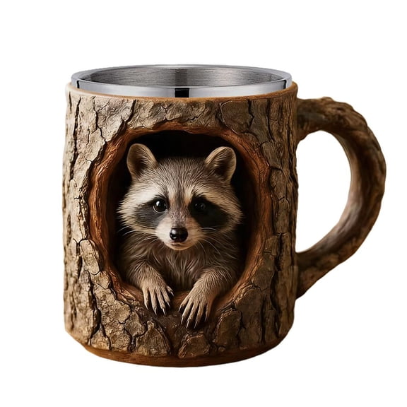 Handmade-Raccoon Tree Hollow Mug,300ml 3D Forest Coffee Mug - Life-Like Owl/Raccoon Design, Dual-Material Resin & Stainless Steel Interior, Rustic Nature Gift