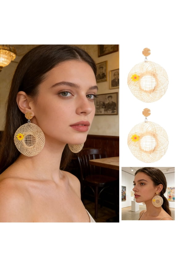 Handmade Raffia Hoop Earrings Statement Tropical Bohemian Straw Dangle Earrings Natural Rattan Vacation Style Round Earrings for Women Summer Beach Party Essential Jewelry