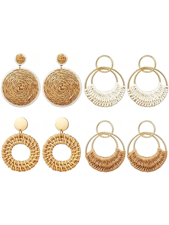 Handmade Raffia Rattan Boho Round Drop Dangle Earrings for Women, Bohemian Statement Hoop Earring Set