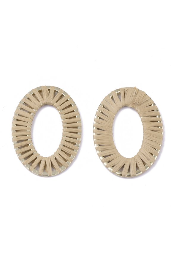 Handmade Raffia Woven Linging Rings with Alloy Findings Oval Ring Light golden BurlyWood 48x34x2mm Inner Diameter: 28.5x15.5mm