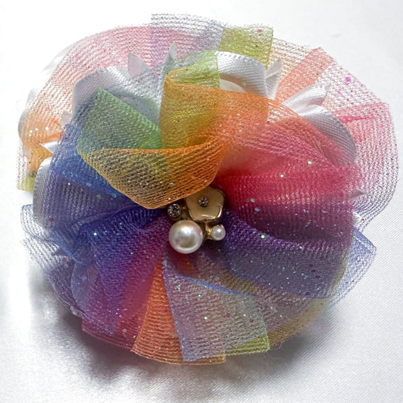 Handmade Rainbow Glitter Ponytail Holders for Girls Boutique Tulle Hair Ties with Pearl Center (Pair)