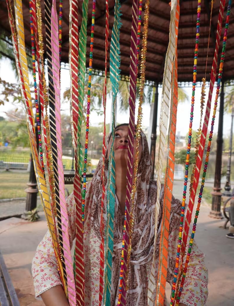 Handmade Rainbow Rag Curtain: Hippie Boho Door Divider, Beaded Decor