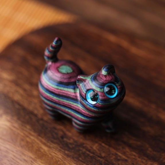 Handmade Rainbow Wooden cat Figurine Animal Carving Statue Office Desk Study Home Decor 1.5'' (Big Eye)The main image features the shipped style.