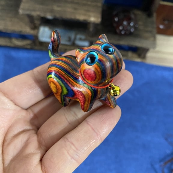 Handmade Rainbow Wooden cat Figurine Animal Carving Statue Office Desk Study Home Decor 1.5'' (Big Eye)The main image features the shipped style.