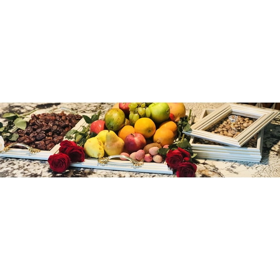 Handmade Ramadan Kareem Eid Mubarak Islamic Party Decor Tray Gift Set Dry Fruit Box Fresh Fruit Tray Dates Tray Box Muslim Decor Iftar Dinner Party Supply Ramadan Decoration 3pcs (WHT Trays + Box)