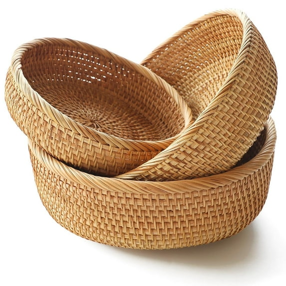 Handmade Rattan Bread Baskets Round Wicker Fruit Serving Storage Bowls, Natural Woven Decorative Kitchen Counter Organizing (Honey Brown) M-9.1"