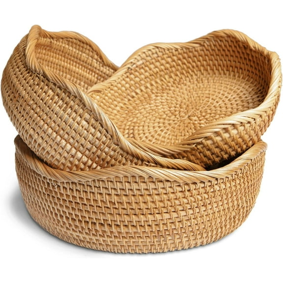 Handmade Rattan Bread Baskets Round Wicker Fruit Serving Storage Bowls, Natural Woven Decorative Kitchen Counter Organizing (Honey Brown) Set of 3
