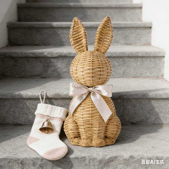 Spring Rattan Bunny Decor, Handcrafted Wicker Rabbit with Bow, 9.84" Easter Centerpiece for Dining Table