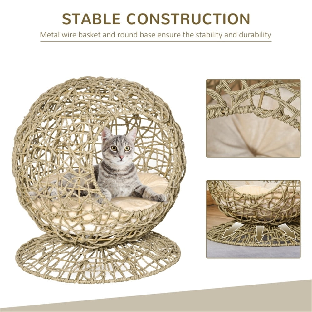 Handmade Rattan Cat Hammock with Pillow & Metal Frame, Wicker Cat Bed Dome for Medium Indoor
