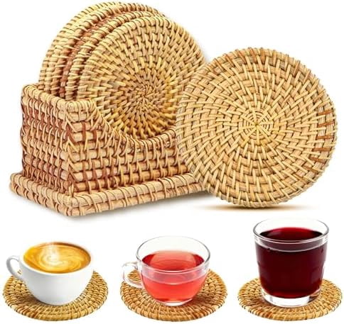 Handmade Rattan Coasters Set of 6 with Holder -Boho Wicker Coasters for ...