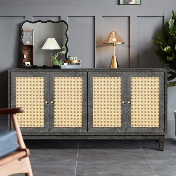 Handmade Rattan Console Table with 4 Doors & Adjustable Shelves / Ample Storage for Family