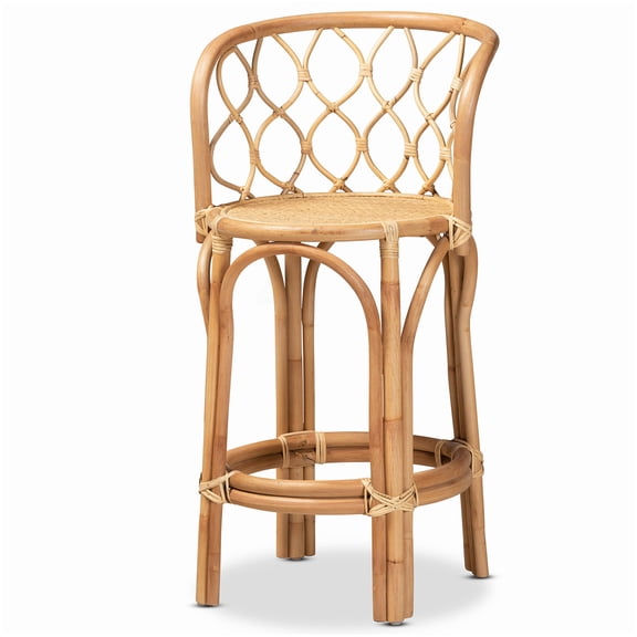 Handmade Rattan Counter Stool, Boho Chic Kitchen Island Stool with Curved Back and Footrest, Natural Color