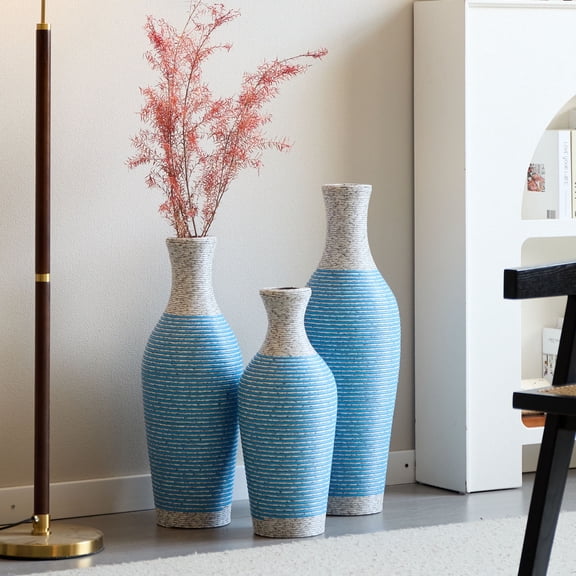 Handmade Rattan Floor Vase (Set Of 3), Tall Vase, Two-Tone Finish, Flower Decorative Vase