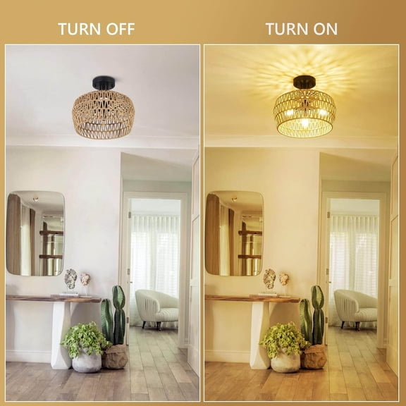 Handmade Rattan Semi Flush Mount Ceiling Light, 3-Light Boho Chandelier with Woven Wicker Lampshade, Close to Ceiling Fixture for Living Room Bedroom Hallway, Brown