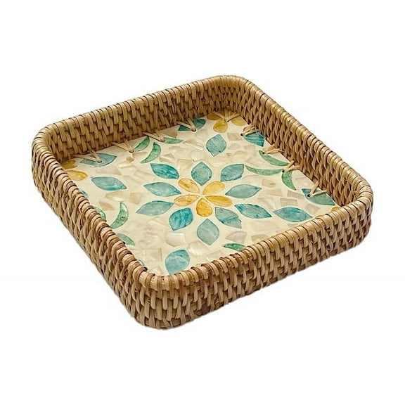 Handmade Rattan Shell Round Tray Colorful Storage Tray Bread Fruit Basket Elegant Coffee Table Tray，Yellow Hearted Flower，Small