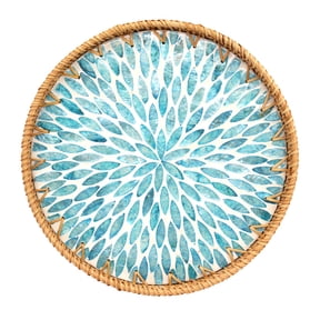 Handmade Rattan Shell Serving Tray, 11.8" Round Blue Leaf Wicker Decorative Tray, Boho Coffee Table Tray, Multi-Purpose Woven Basket Fruit Tray Decor Platter for Home Display