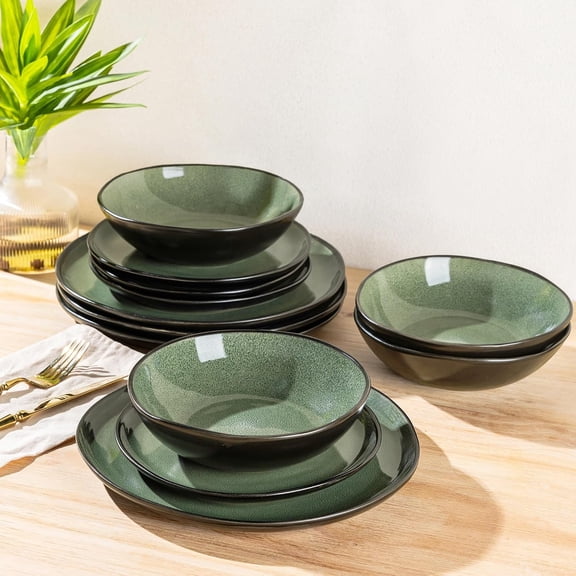 Handmade Reactive Glaze Stoneware Dinnerware Set Service for 4 (12-Piece) Matte Jade Green
