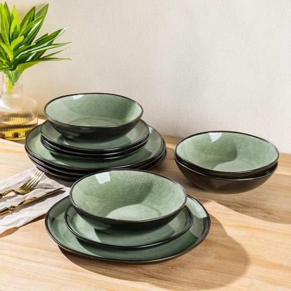 Handmade Reactive Glaze Stoneware Dinnerware Set Service for 4 (12pc) Matte Olive Green