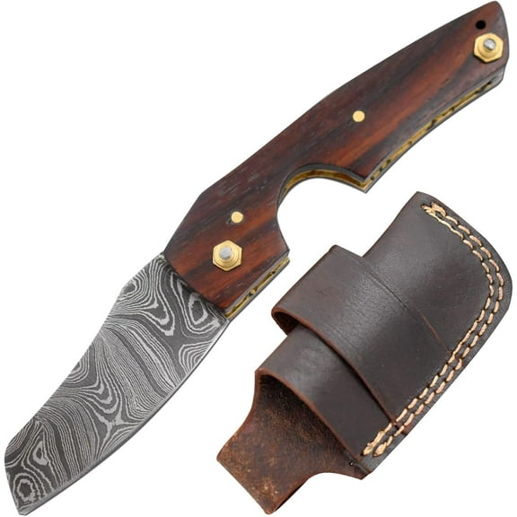 Handmade Real Damascus Steel Cigar Cutter Rose-Wood Handle Comes with Leather Sheath