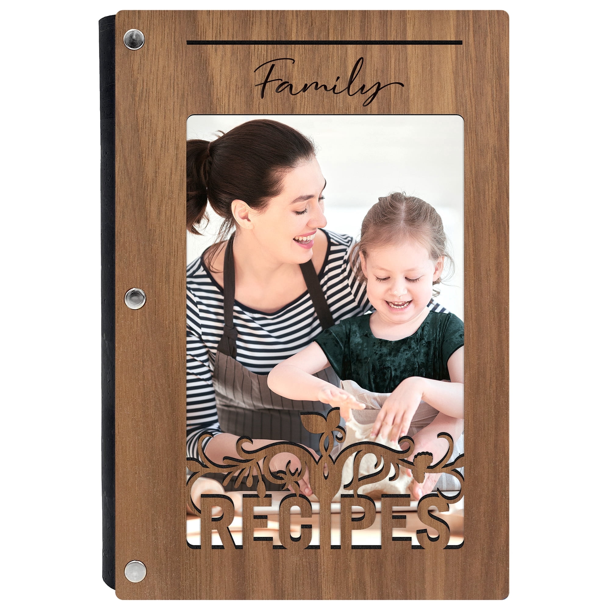 Handmade Recipe Book with Wood Cover, Photo Sleeve on Cover, Blank Recipe Cards, Banner Design, Family Recipe Book. Walnut