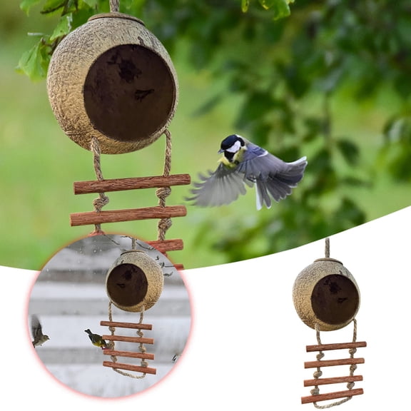 Handmade Recycled Coconut Birdhouse with Ladder Feeder Station for Small Birds Outdoor Garden Shelter Nesting Home