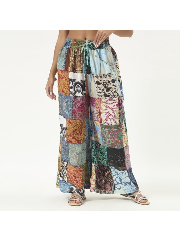 Handmade Recycled Sari Patchwork Wide Leg Palazzo Pants for Women, Boho Loose Trousers with Drawstring Waist