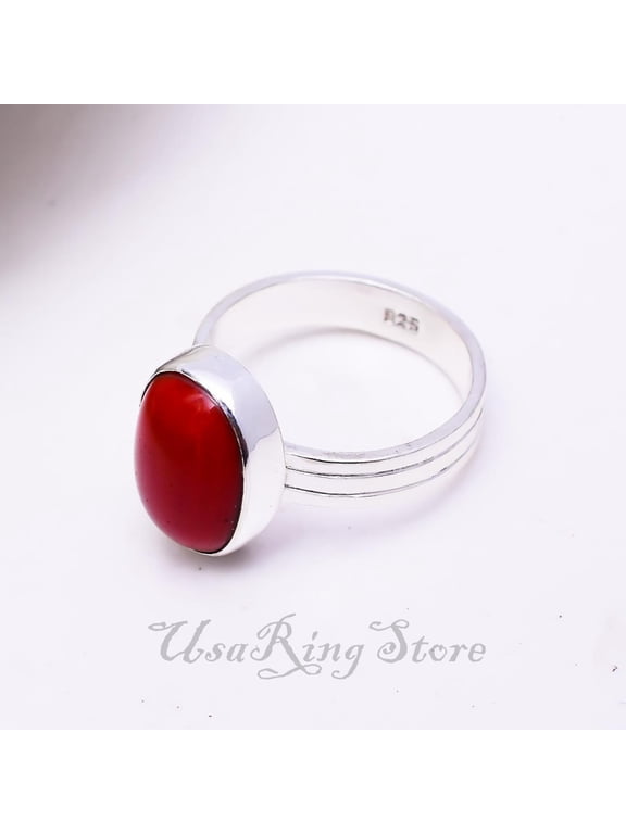 Handmade Red Coral Ring: Oval Gemstone, 925 Sterling Silver