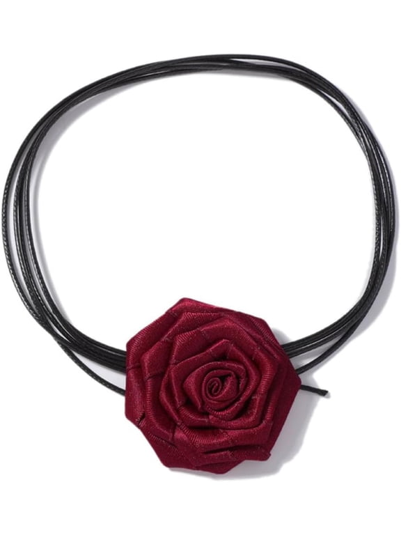Handmade Red Flower Choker Necklace for Women Vintage Fabric Rose Black Rope Adjustable Long Chain Gothic Wedding Valentine Party Jewelry