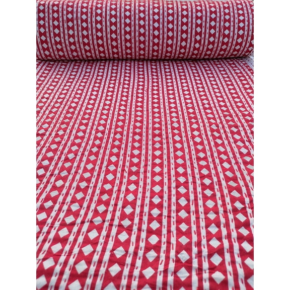 Handmade Red Geometric Indian Kantha Quilt Cotton Indian Bedspread Block Print Boho Bedding Lightweight Throw Twin Queen And King