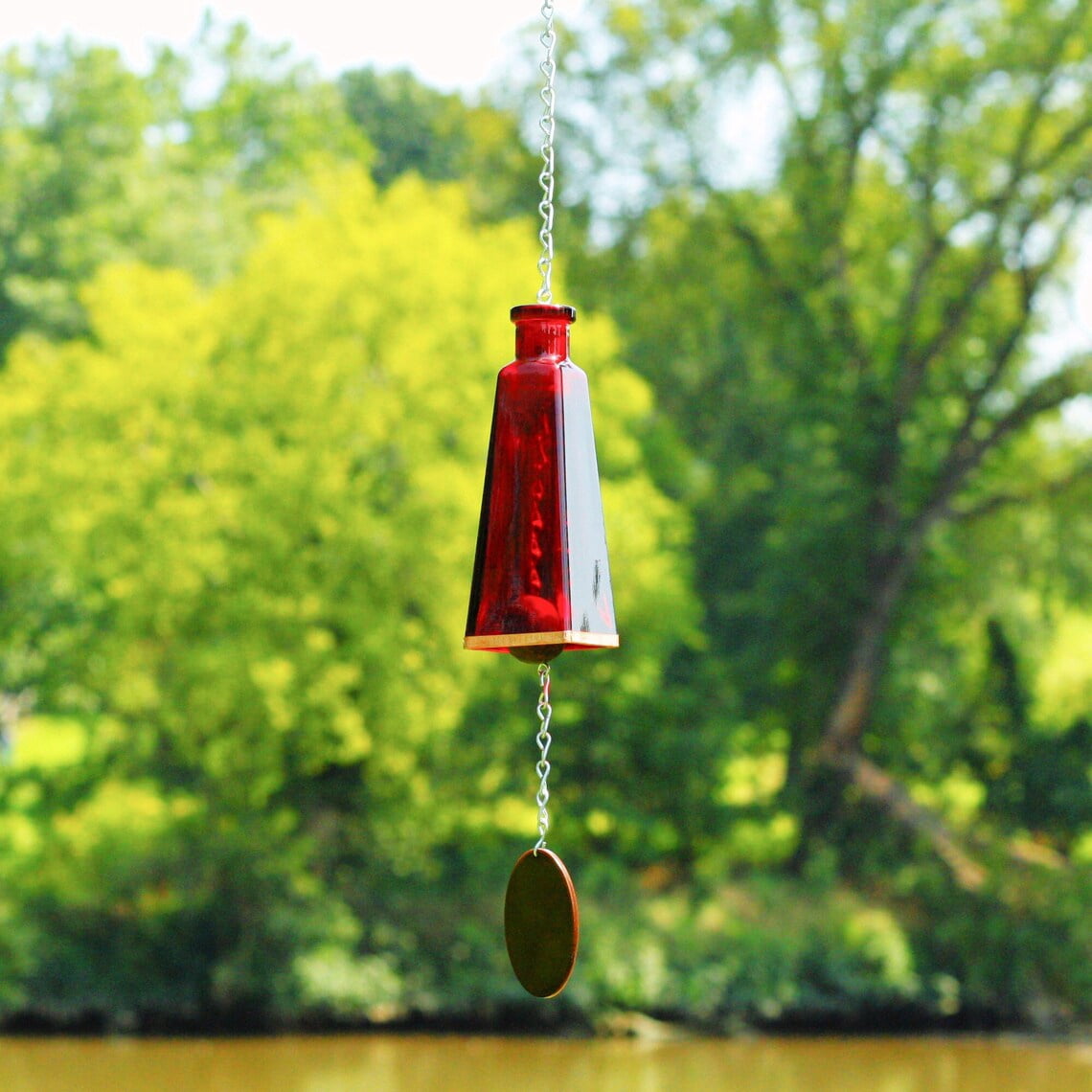 Handmade Red Glass Wind Chimes Made From Pyramid Shaped Bottles, Colorful Home Decor Outdoor Garden or Patio