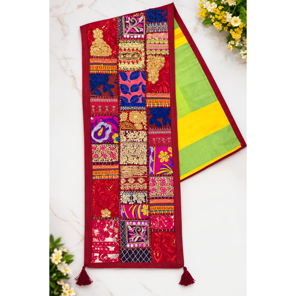 Handmade Red Patchwork Table Runner with Embroidered Vintage Fabric, Bohemian Decorative Textile for Dining Table, Festive Home Dcor Accent