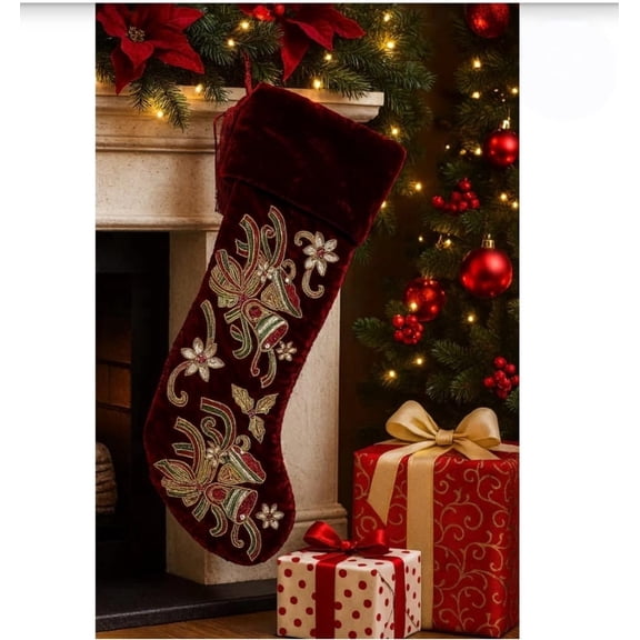 Handmade Red Velvet Christmas Stocking with Beaded Embroidery 21"