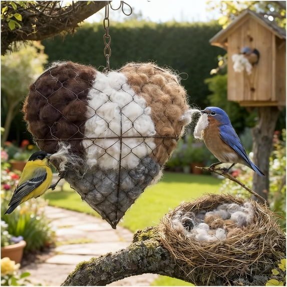 Handmade Refillable Bird Nesting Heart with 3 Bags Alpaca-Soft Fibers - Dual-Season Shelter & Material Holder for Hummingbirds, Garden Yard Decor Gift for Bird Lovers