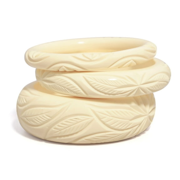 Pure Hands Handmade Resin Bangle Bracelet Set of 3 - Vanilla Custard, Intricate Hand-Carved Design, Satin Smooth Finish, Elegant Jewelry for Women