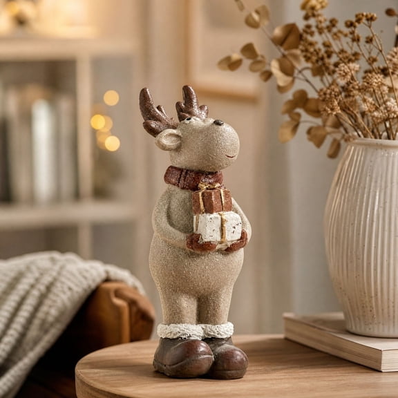 Handmade Resin Christmas Reindeer Figurine, Cute Deer Statue Holding Gift Box, Rustic Holiday Tabletop Ornament for living room, bedroom, tv cabinet and home festive decoration