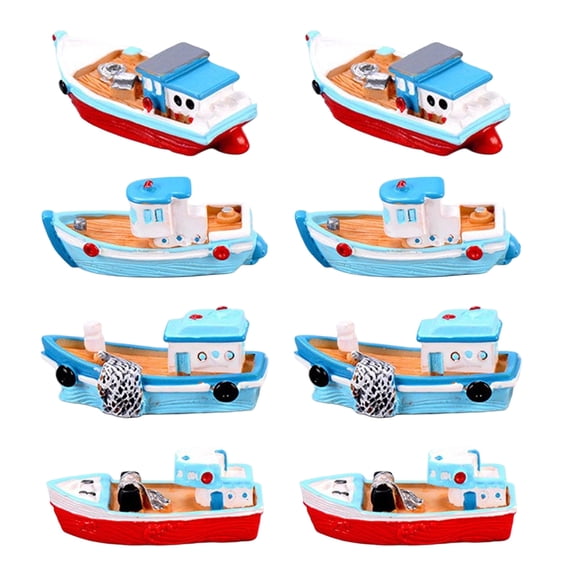 Handmade Resin Fishing Boat Model Figure Craft Set of 8 Miniature Ship Ornament For Home Decoration And Gift Supply