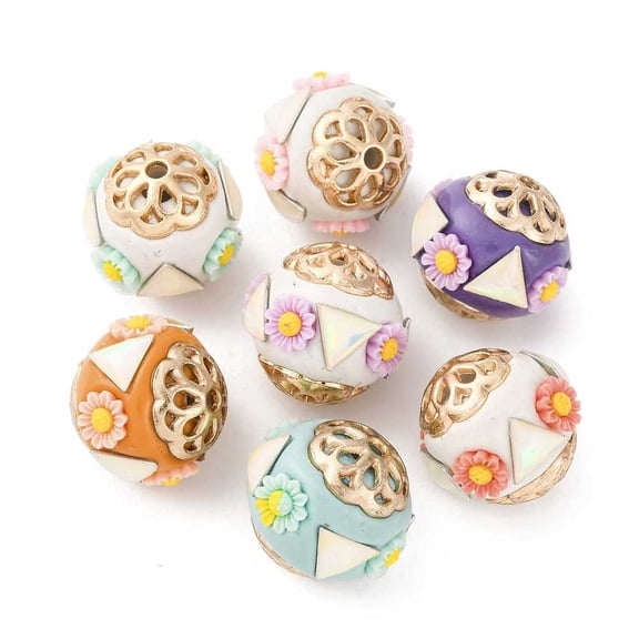 Handmade Resin Indonesia Round Beads with Alloy Findings Round with Flower Mixed color 17.5x16.5mm Hole: 1.6mm