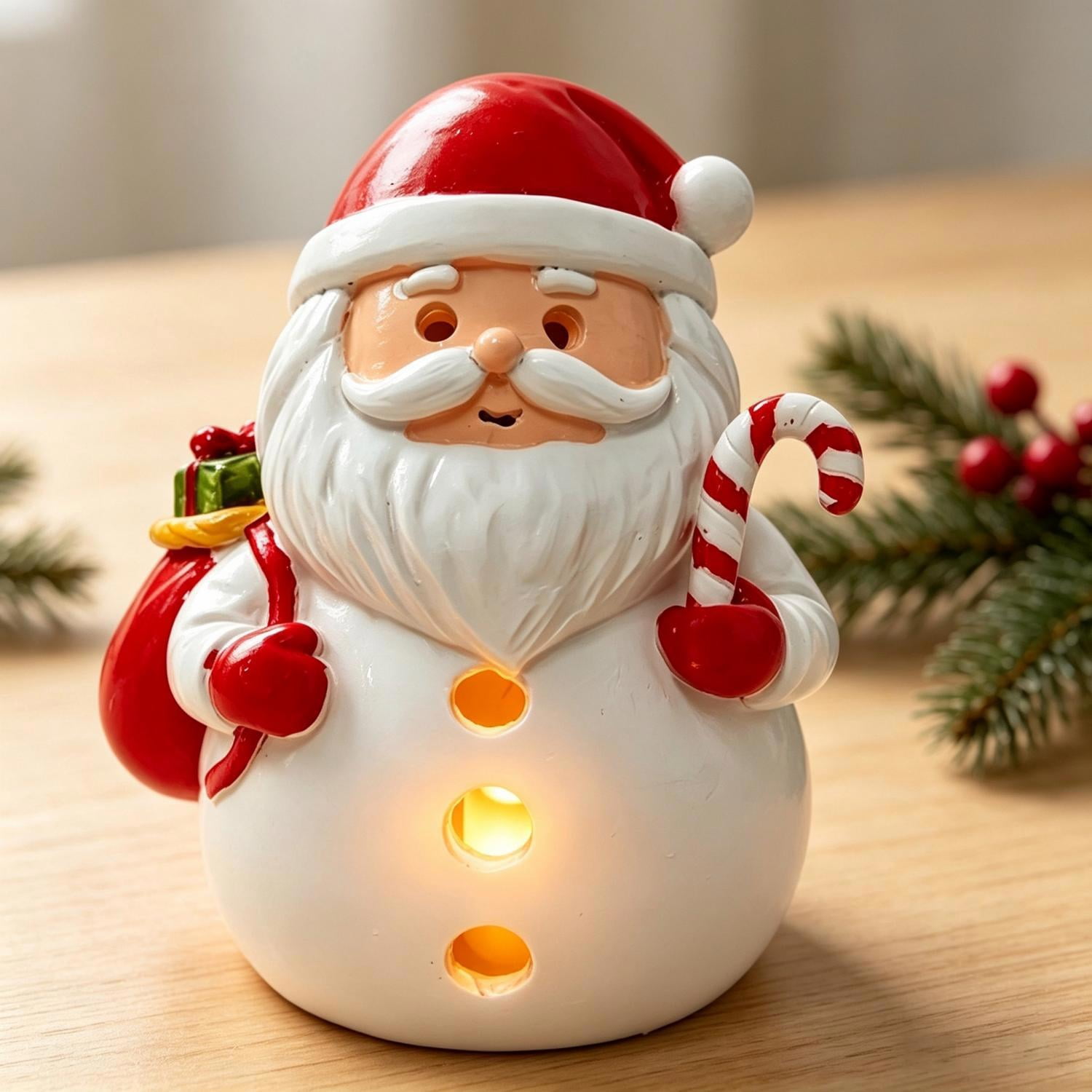 Handmade Resin Santa Claus Christmas Figurine, White Snowman Decor with Warm Lights, Rustic Unique Winter Table Ornament for Holiday Home Indoor and Outdoor Christmas Decoration