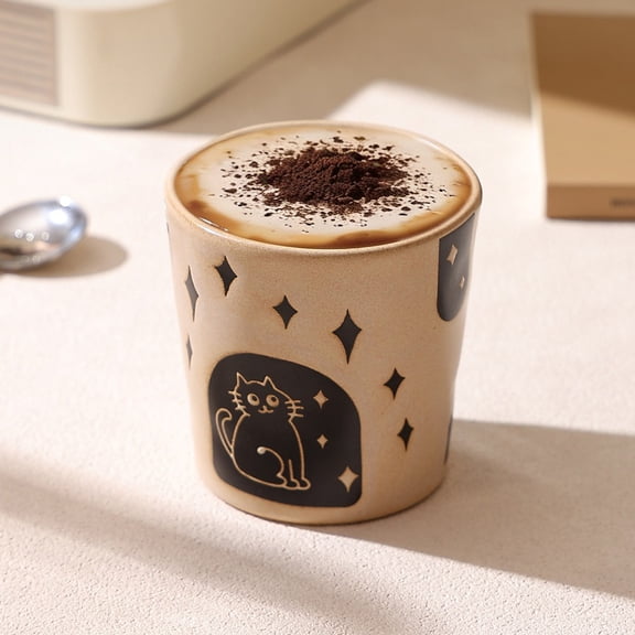 Handmade Retro Stoneware Coffee Mug - Unique Japanese-Style Cat Latte Art Design - 350ml Breakfast Cup
