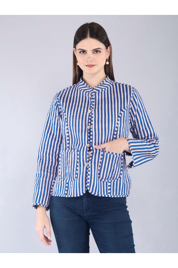 Reversible Kantha Jacket | Blue Floral Quilted Cotton Coat | Boho Block Print & Striped Layer