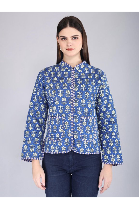 Reversible Kantha Jacket | Blue Floral Quilted Cotton Coat | Boho Block Print & Striped Layer