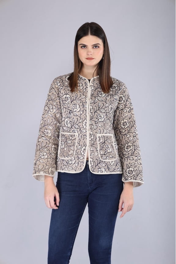 Handmade Reversible Kantha Quilted Jacket – Floral Block Print Cotton Coat