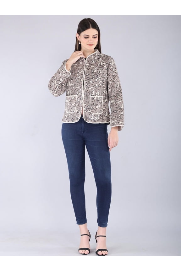 Handmade Reversible Kantha Quilted Jacket – Floral Block Print Cotton Coat