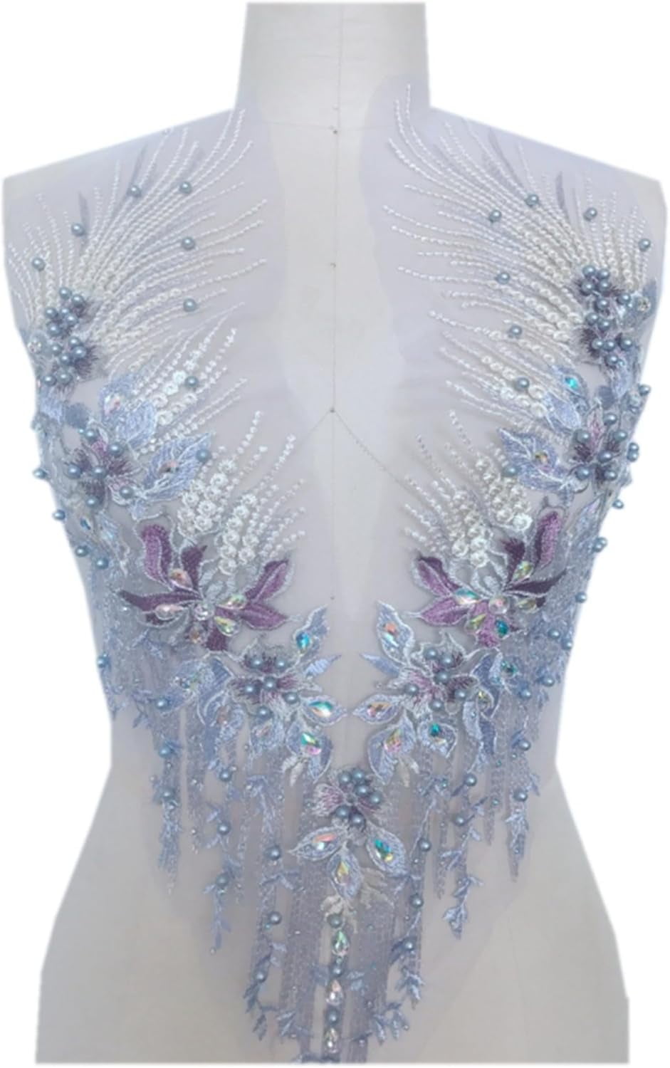 Handmade Rhinestone Applique: 3D Lace Applique Beaded Embroidered Trim - Bodice Applique, Rhinestone Fabric Patches for Sewing Clothes Wedding Bridal Dress Decorative (Lilac)