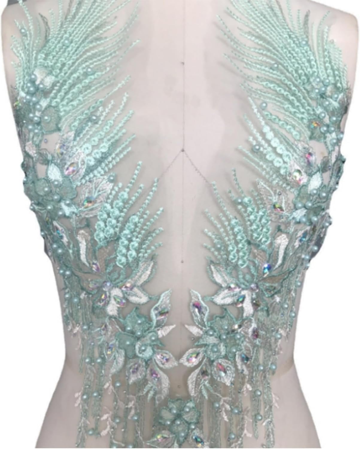 Handmade Rhinestone Applique: 3D Lace Applique Beaded Embroidered Trim - Bodice Applique, Rhinestone Fabric Patches for Sewing Clothes Wedding Bridal Dress Decorative (Light Green)