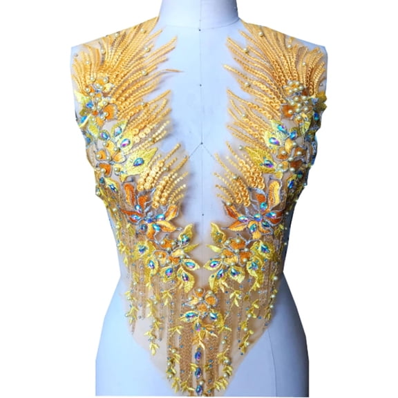 Handmade Rhinestone Applique: 3D Lace Applique Beaded Embroidered Trim - Bodice Applique, Rhinestone Fabric Patches for Sewing Clothes Wedding Bridal Dress Decorative(Gold)