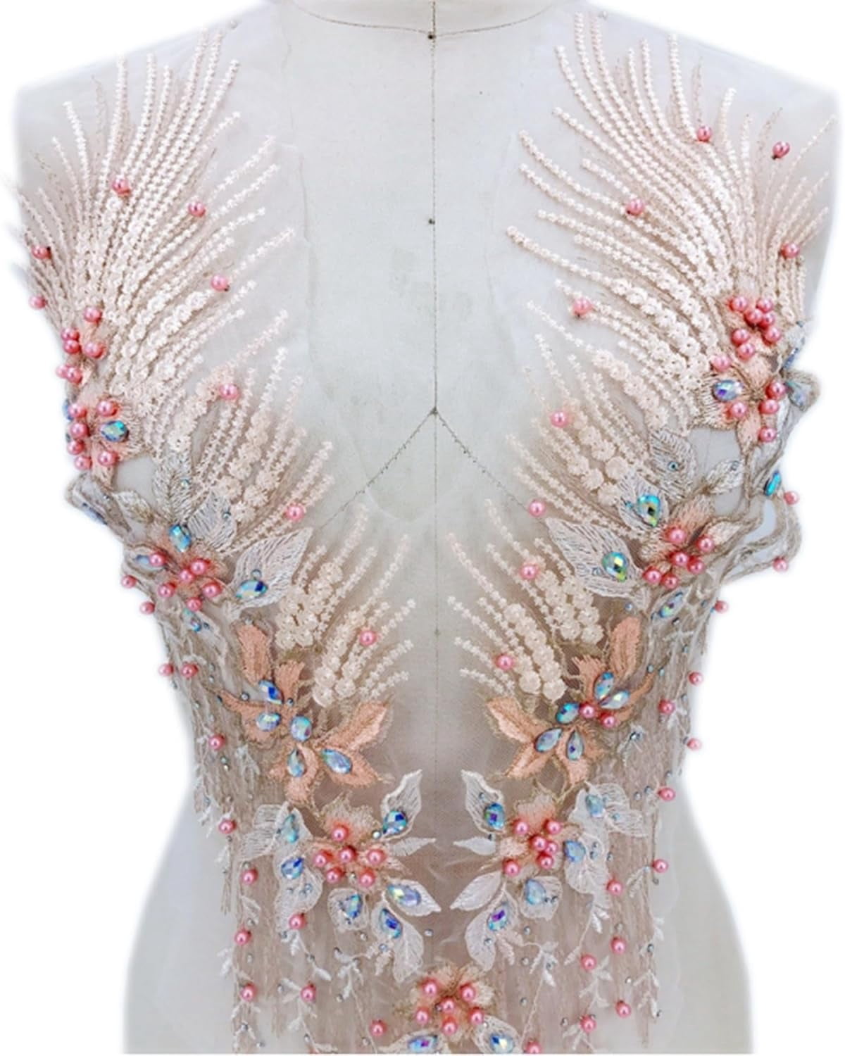Handmade Rhinestone Applique: 3D Lace Applique Beaded Embroidered Trim - Bodice Applique, Rhinestone Fabric Patches for Sewing Clothes Wedding Bridal Dress Decorative (Champagne)