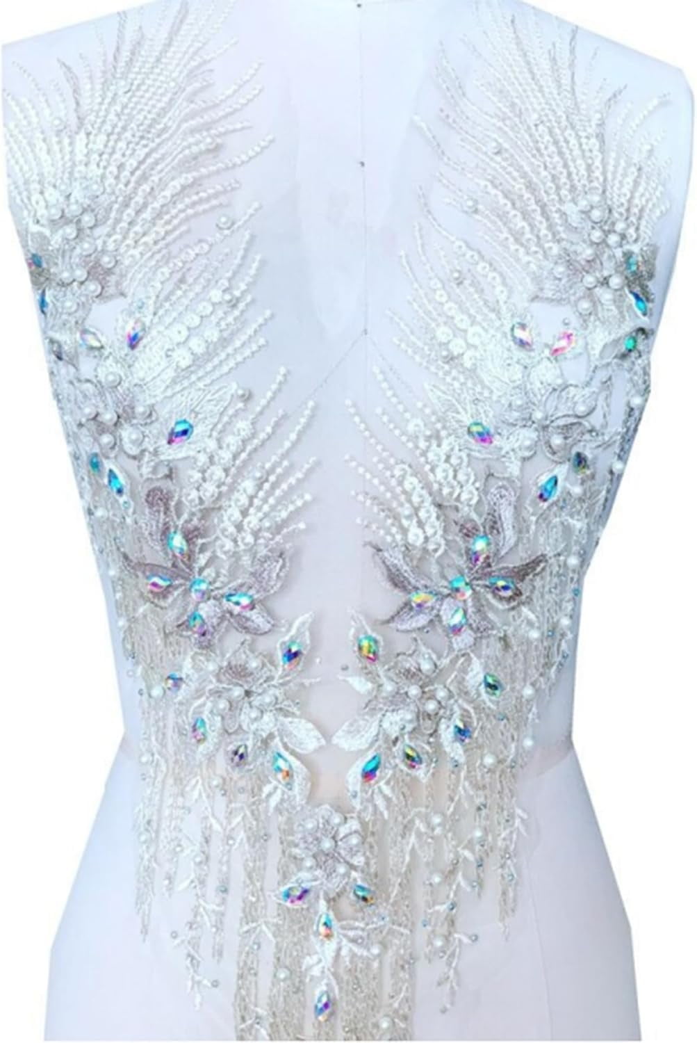 Handmade Rhinestone Applique: 3D Lace Applique Beaded Embroidered Trim - Bodice Applique, Rhinestone Fabric Patches for Sewing Clothes Wedding Bridal Dress Decorative (White)