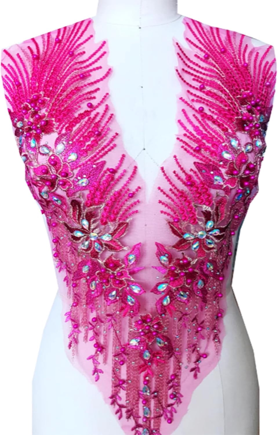 Rose Red 3D Lace Beaded Embroidered Bodice Rhinestone Applique Fabric