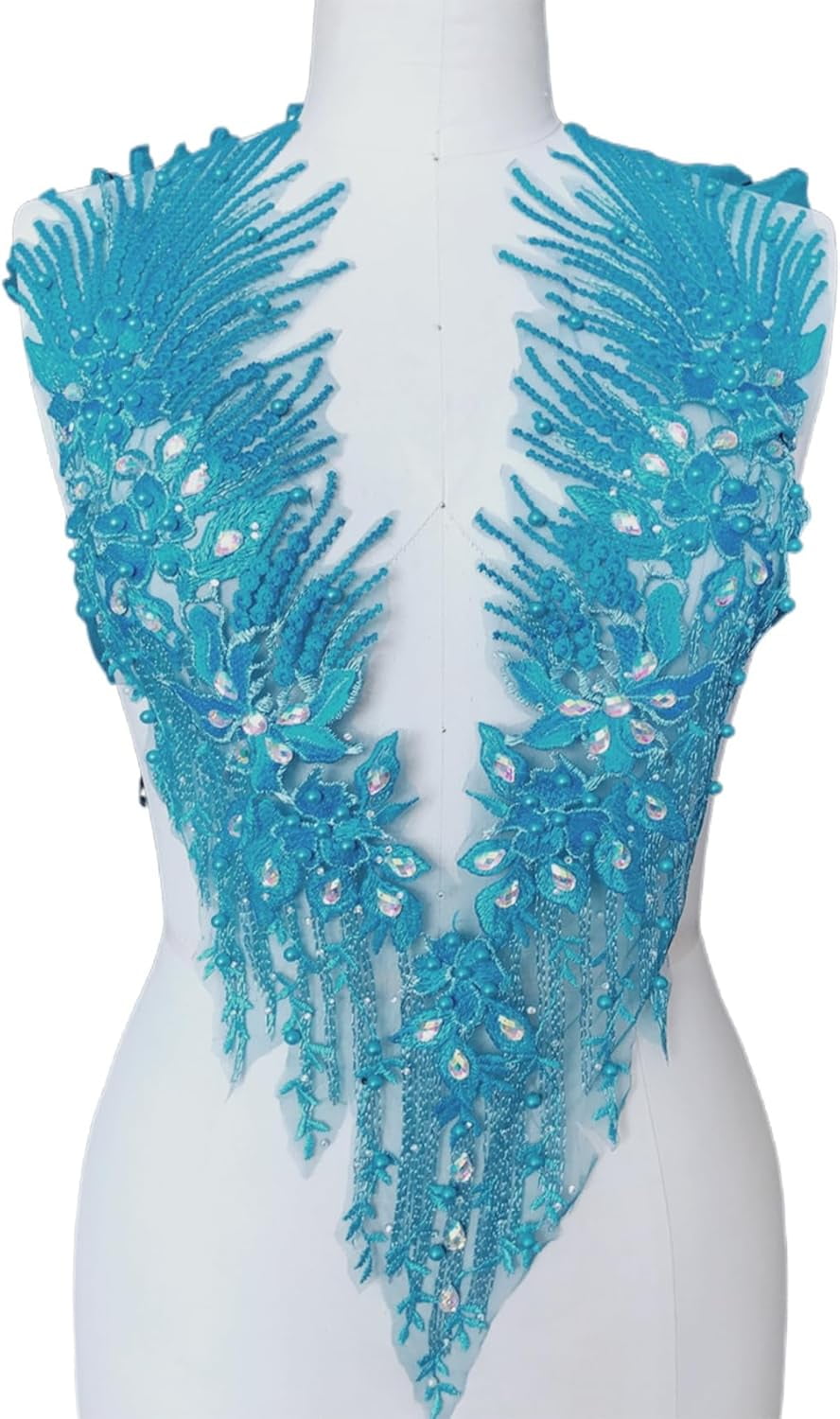 Handmade Rhinestone Applique, 3D Lace Applique Beaded Embroidered Trim, Rhinestone Fabric Patches for DIY Neckline Bodice Wedding Bridal Prom Clothes Dresses, 22.5x11.8inch (Royal Blue)